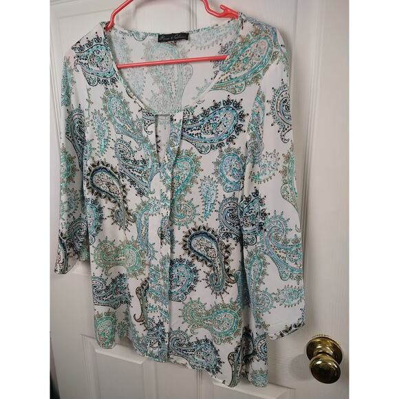 Rose&Olive Woman 1X Blouse Keyhole V Neck White Paisley Pullover 3/4 Sleeve... - Picture 2 of 9